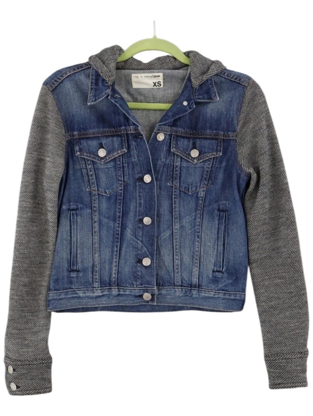 Rag & Bone Bradford Hooded Denim Jacket with Wool Herringbone Sleeves & Hood XS